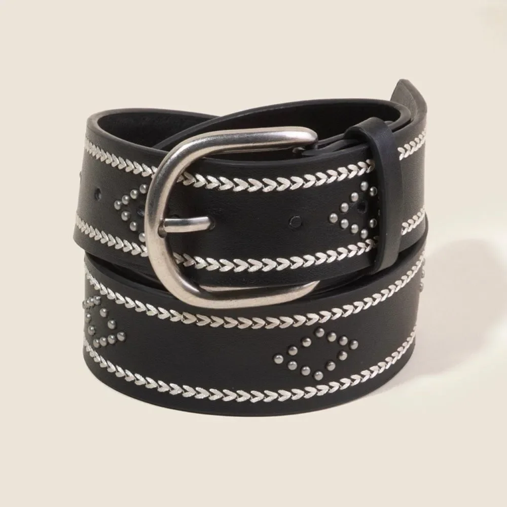 NEW Western Heart Pattern Studded Boho Vegan Leather Belt Black
